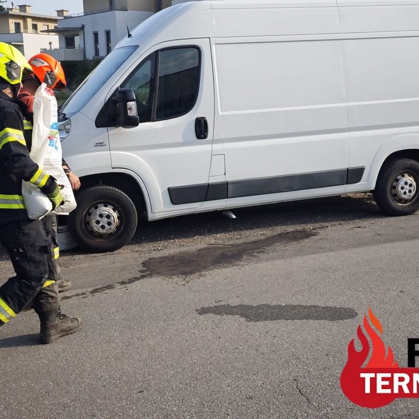 Firefighters are walking with a bag near a white van on the road. The van has a black stripe and a fire logo on the side.