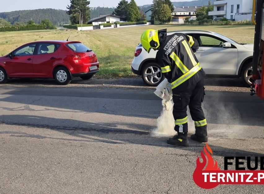 A firefighter in full gear is using a fire extinguisher to put out a small fire on the road. A red car and a white car are parked nearby.