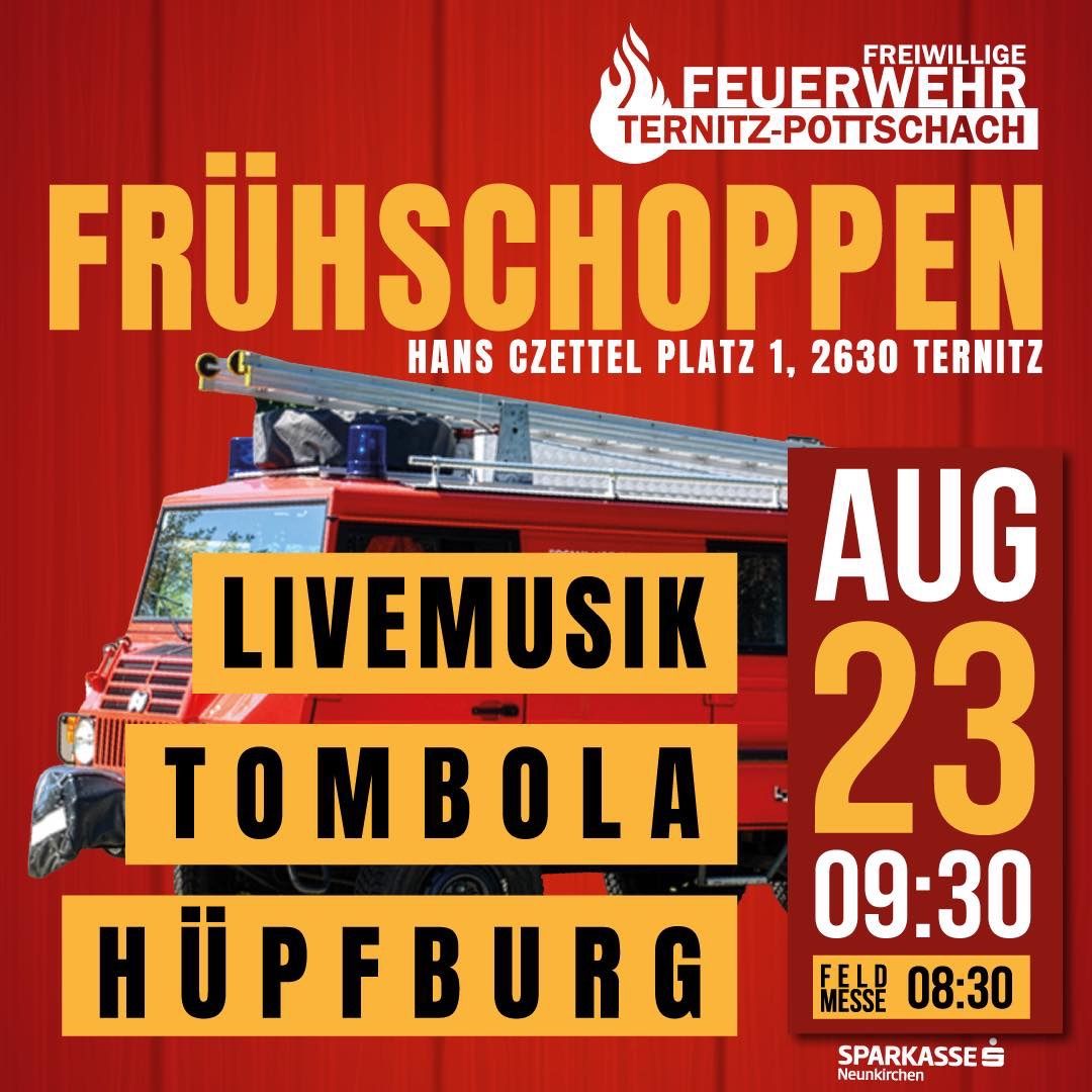 A poster for a fire department event in Ternitz, Austria, featuring a fire truck, live music, a tombola, and a field mass. The event is scheduled for August 23, starting at 9:30 AM.