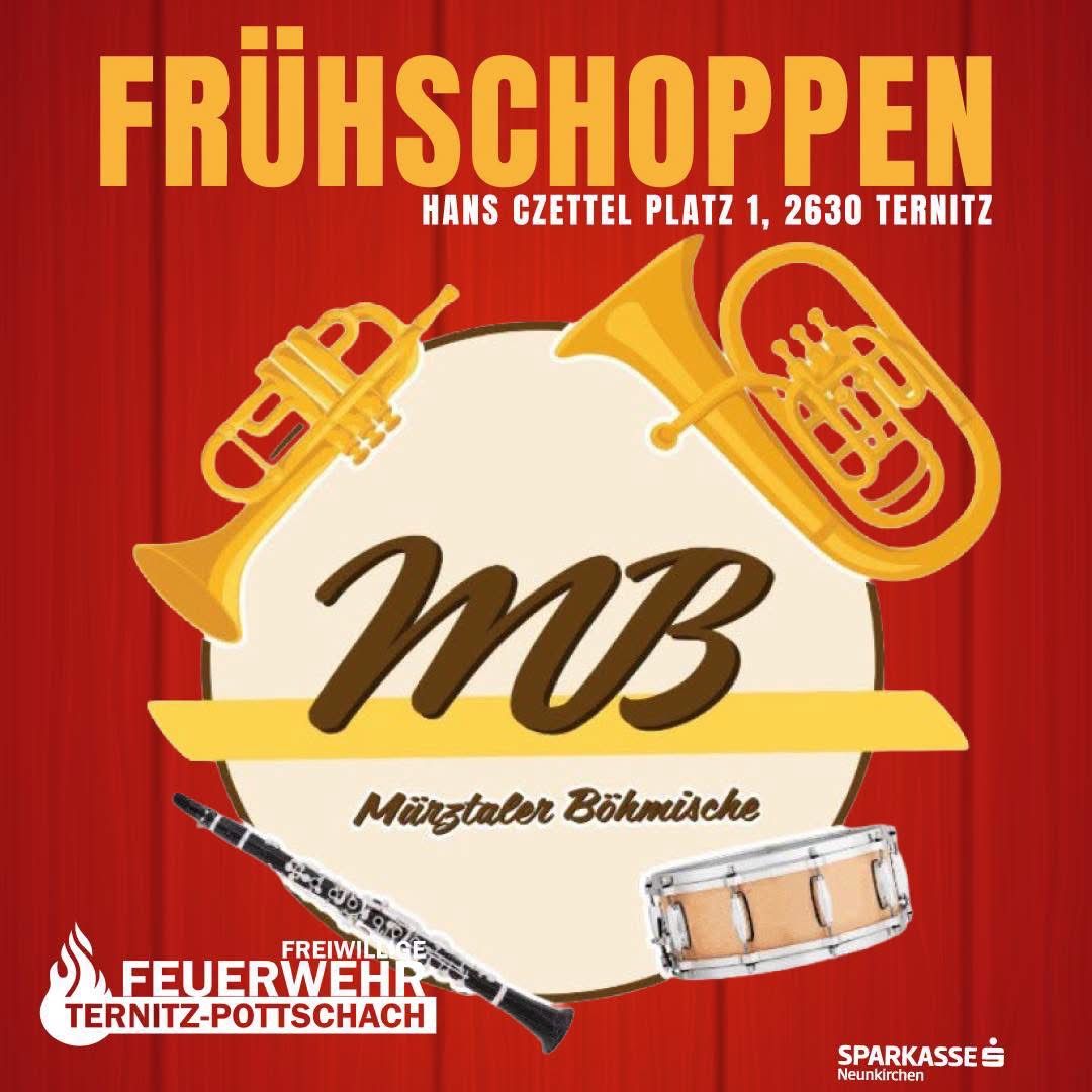 Poster for a musical event featuring brass instruments, a drum, and a red curtain background. The event is named 'Fruhschopp' and is held at Hans Czettel Platz 1, 2630 Ternitz. The event is sponsored by Freiwillige Feuerwehr Ternitz-Pottschach and Sparkasse Neunkirchen.
