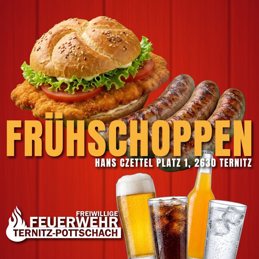 An advertisement for Fruehschopp, a German restaurant, featuring a chicken sandwich, sausages, beer, soda, and water on a red background.