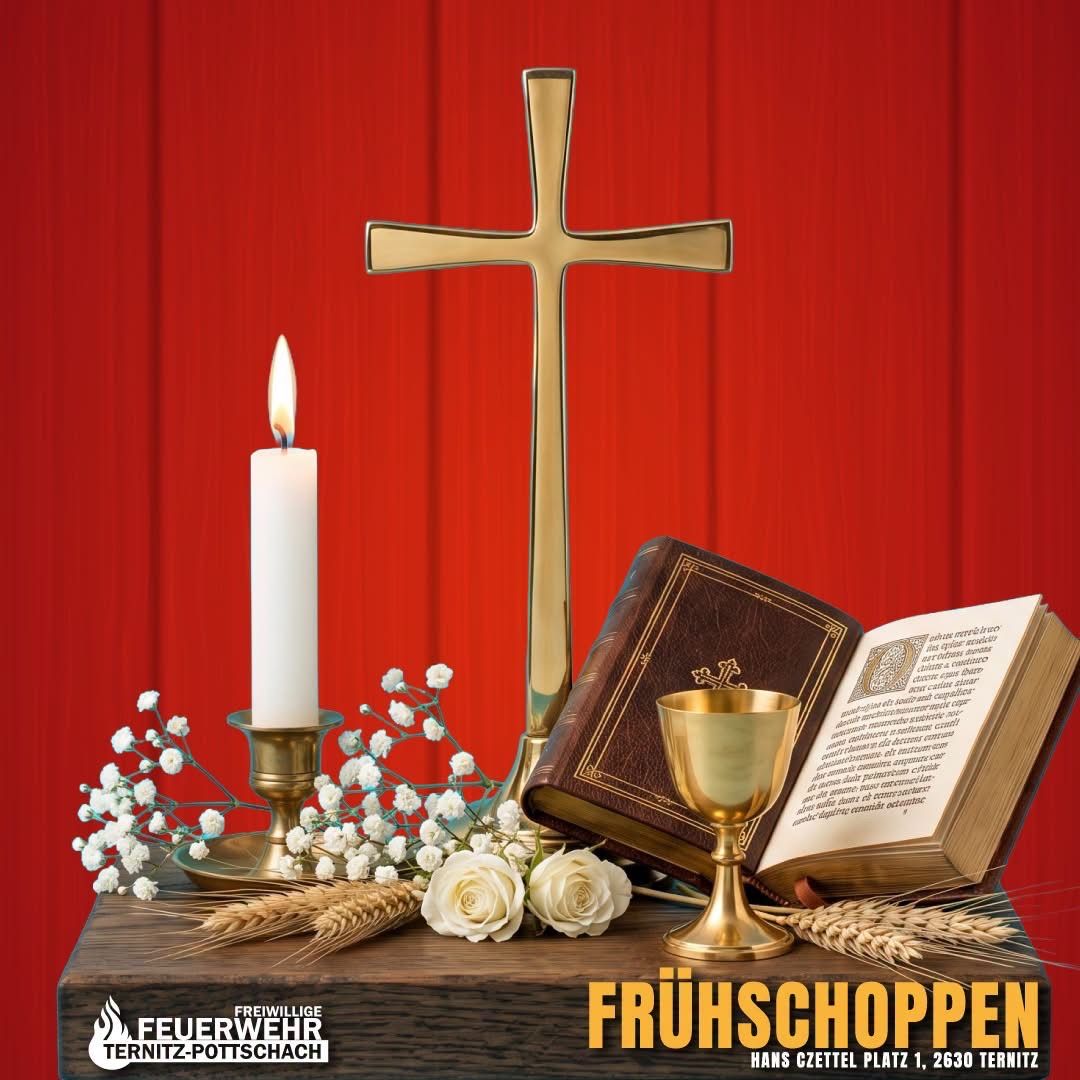 A golden cross, a lit candle, an open book, and a chalice are arranged on a wooden table against a red background. The image includes the text 'FRUHSCHOPPEN' and a logo for 'Feuerwehr Ternitz-Pottschach.'