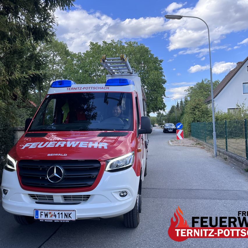 A red and white Mercedes-Benz ambulance with 'Feuerwehr' written on the side, parked on a street with a house and trees in the background.