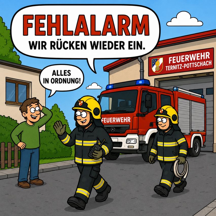 Three firefighters are walking in front of a fire station. A man waves to them. The station sign reads Feuerwehr Ternitz-Pottschach.