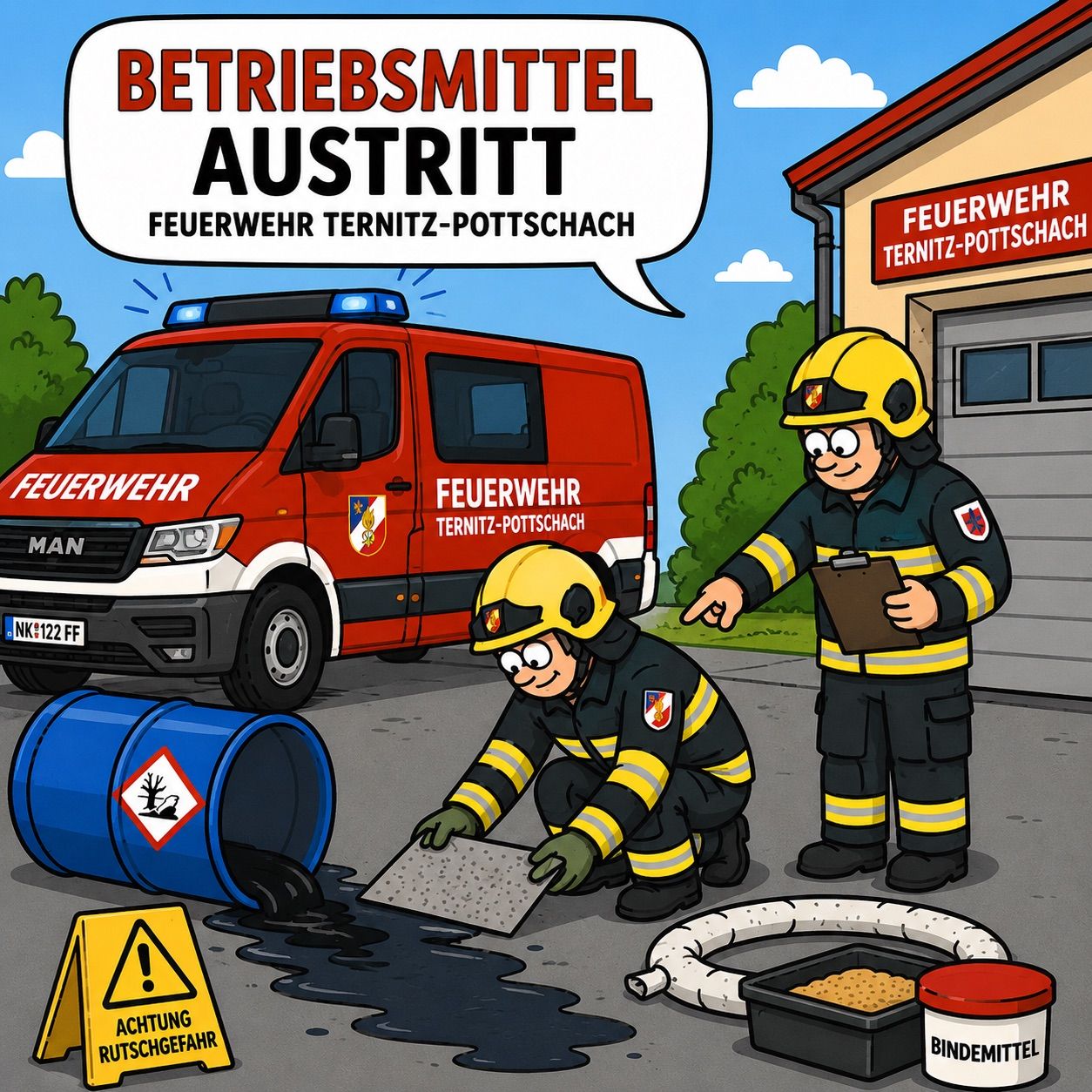 Firefighters from Ternitz-Pottschach clean up an oil spill. A blue barrel with a warning sign is nearby. The firefighters are wearing helmets and uniforms.