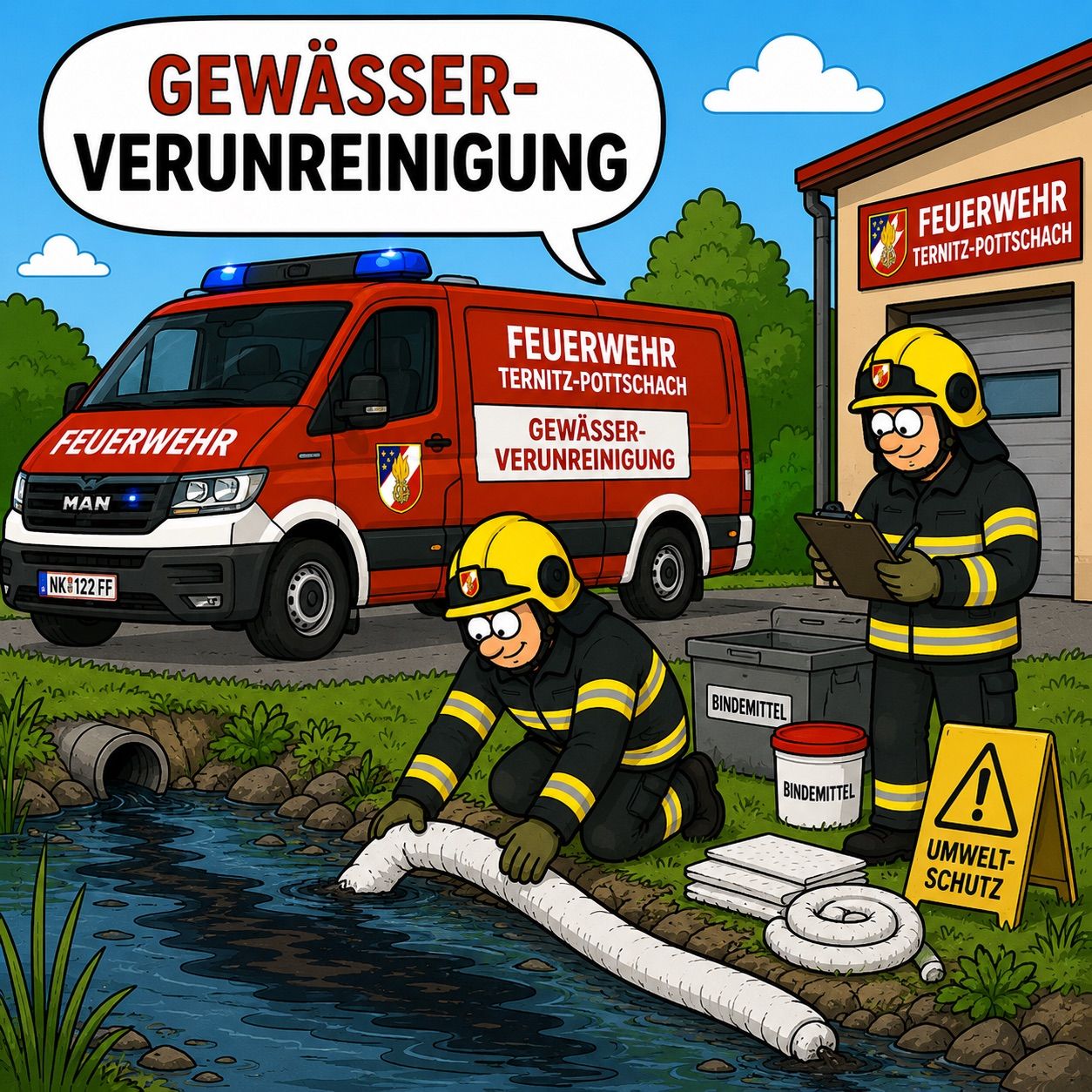 Firefighters from Ternitz-Pottschach clean a contaminated stream with hoses and protective gear.