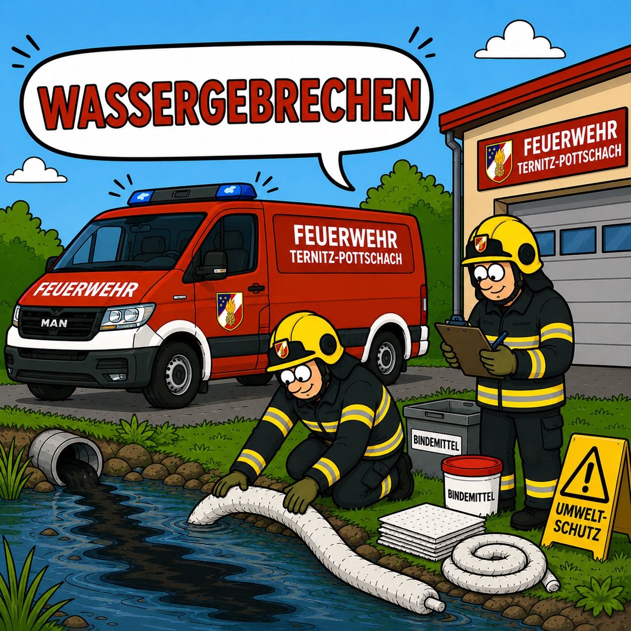 Firefighters from Termitz-Pottschasch are cleaning a water pollution. A firefighter is writing on a clipboard while another is working on a hose.