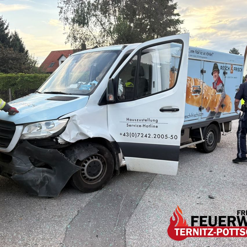 A damaged delivery van is parked on the side of a road. A person is standing nearby. The van has a service hotline number.