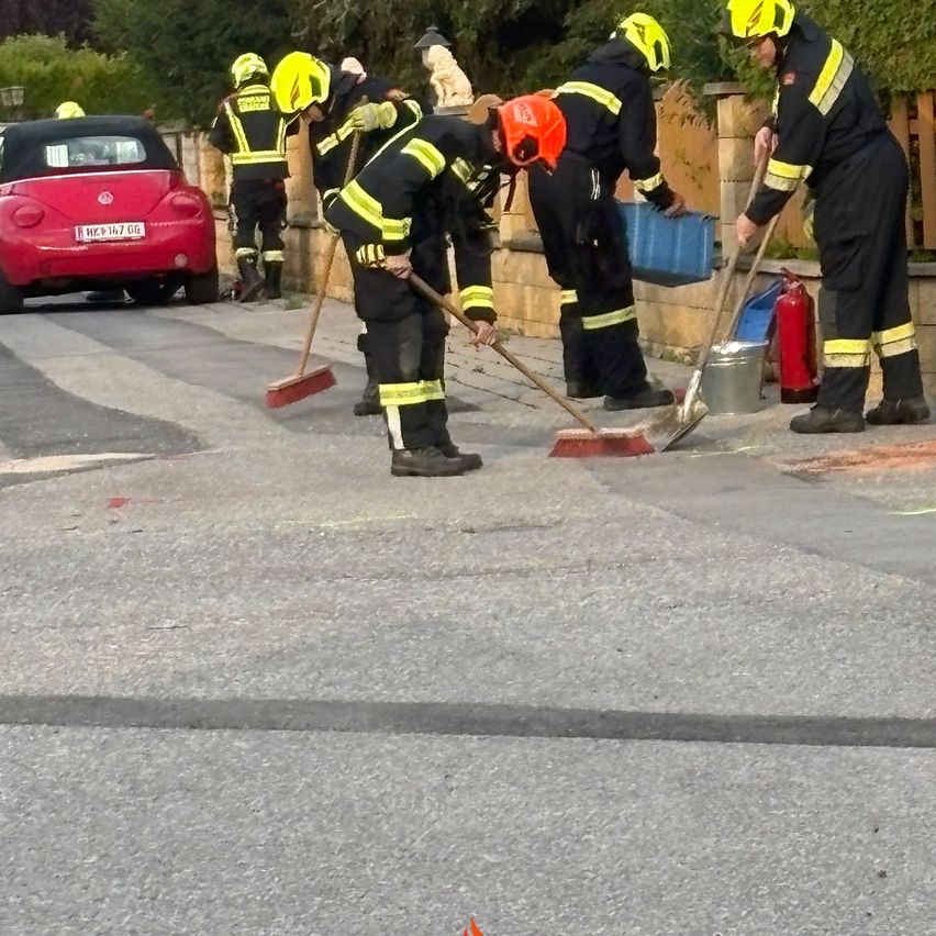 Firefighters in yellow and black uniforms sweep the street, using brooms and dustpans. A red car is parked nearby, and a statue is visible on the wall.