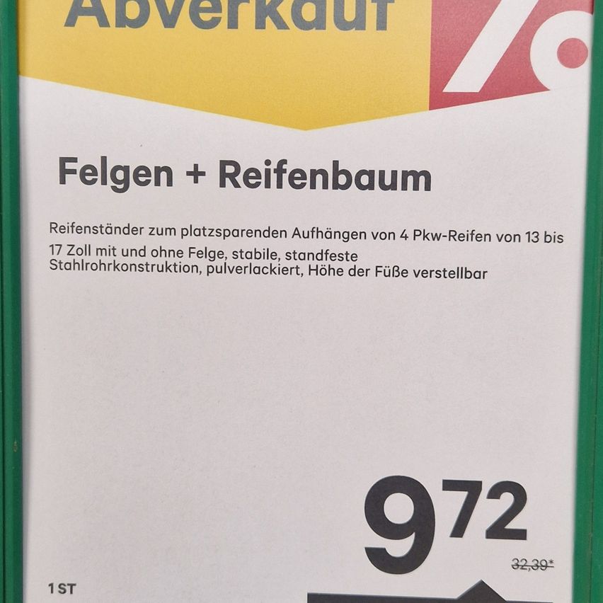 Sale banner for tires and rims. It shows space-saving mounts for 4 PCK-rims of 13 to 17 inches with and without rims. Stable, tubeless steel construction, dust-free, height of the feet adjustable. Price 32.39.