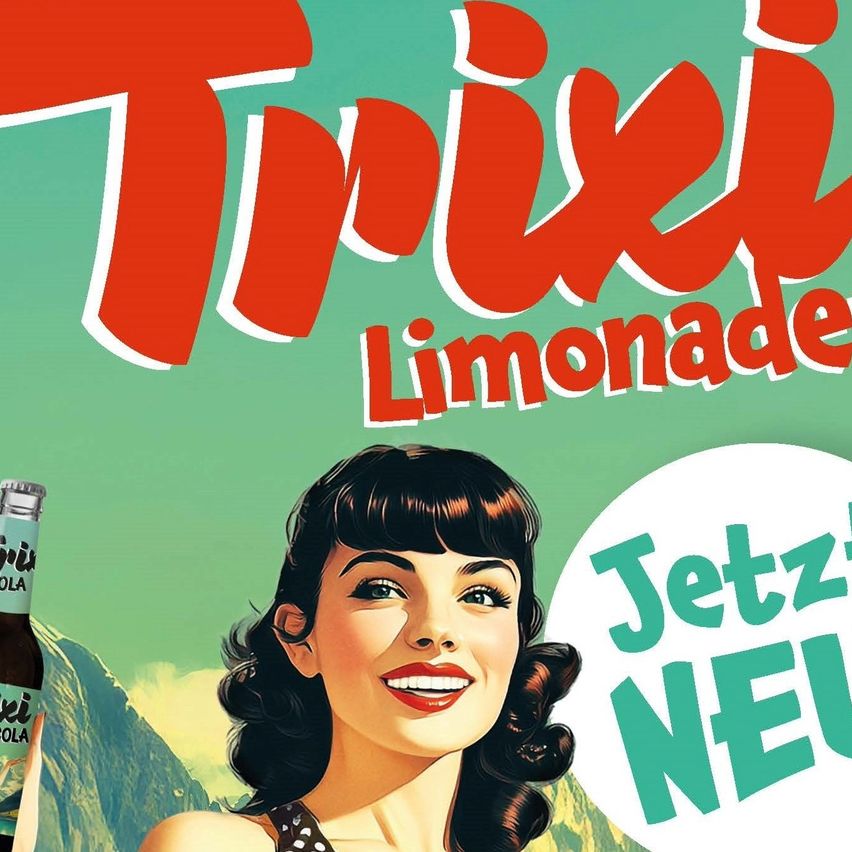 Ein Retro-Werbeplakat für Trixie Limonade mit einer lächelnden Frau und einer Flasche im Hintergrund. Der Text 'Jetzt NEU' ist grün geschrieben.