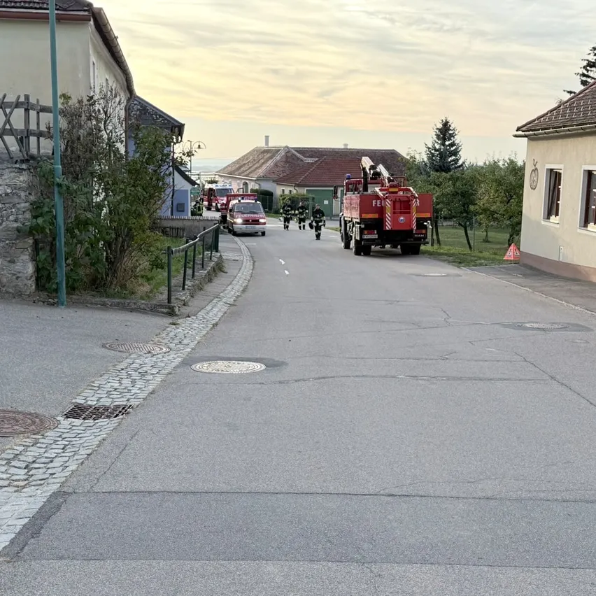 Eine Straßenszene mit einem Feuerwehrwagen und Rettungspersonal, das auf einen Vorfall reagiert.