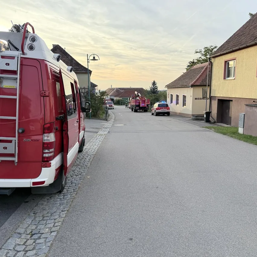 Ein roter Feuerwehrwagen ist am Straßenrand geparkt, mit einer Leiter auf dem Dach. Ein paar Leute stehen in der Nähe des Feuerwehrwagens, und einige Autos sind am Straßenrand geparkt.