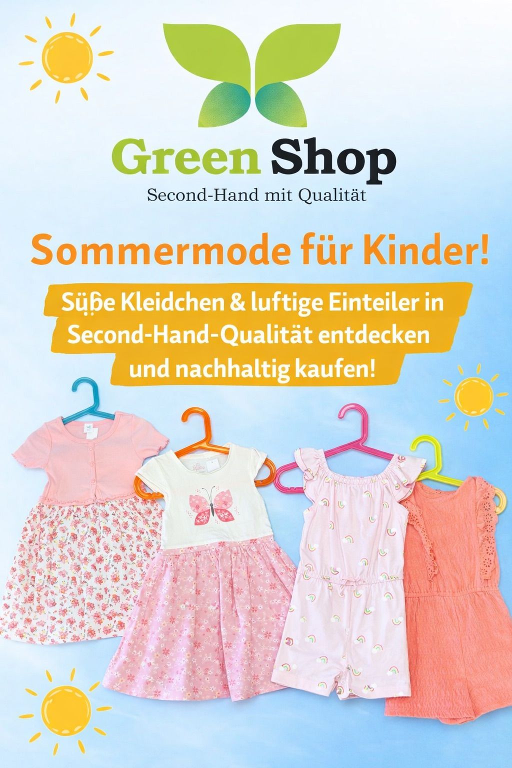 Werbung für Green Shop für Second-Hand-Kinder-Sommermode. Der Text lautet: 'Süße Kleidung & luftige Einteiler in Second-Hand-Qualität entdecken und nachhaltig kaufen!'. Vier Kleider sind abgebildet.