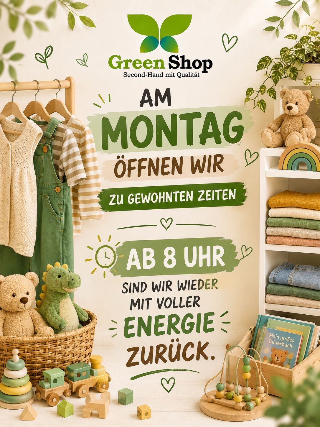 An advertisement for Green Shop, a second-hand store, with a message stating they will open at 8 AM on Monday. The image shows a basket with stuffed toys, a shelf with folded clothes, and a plant.