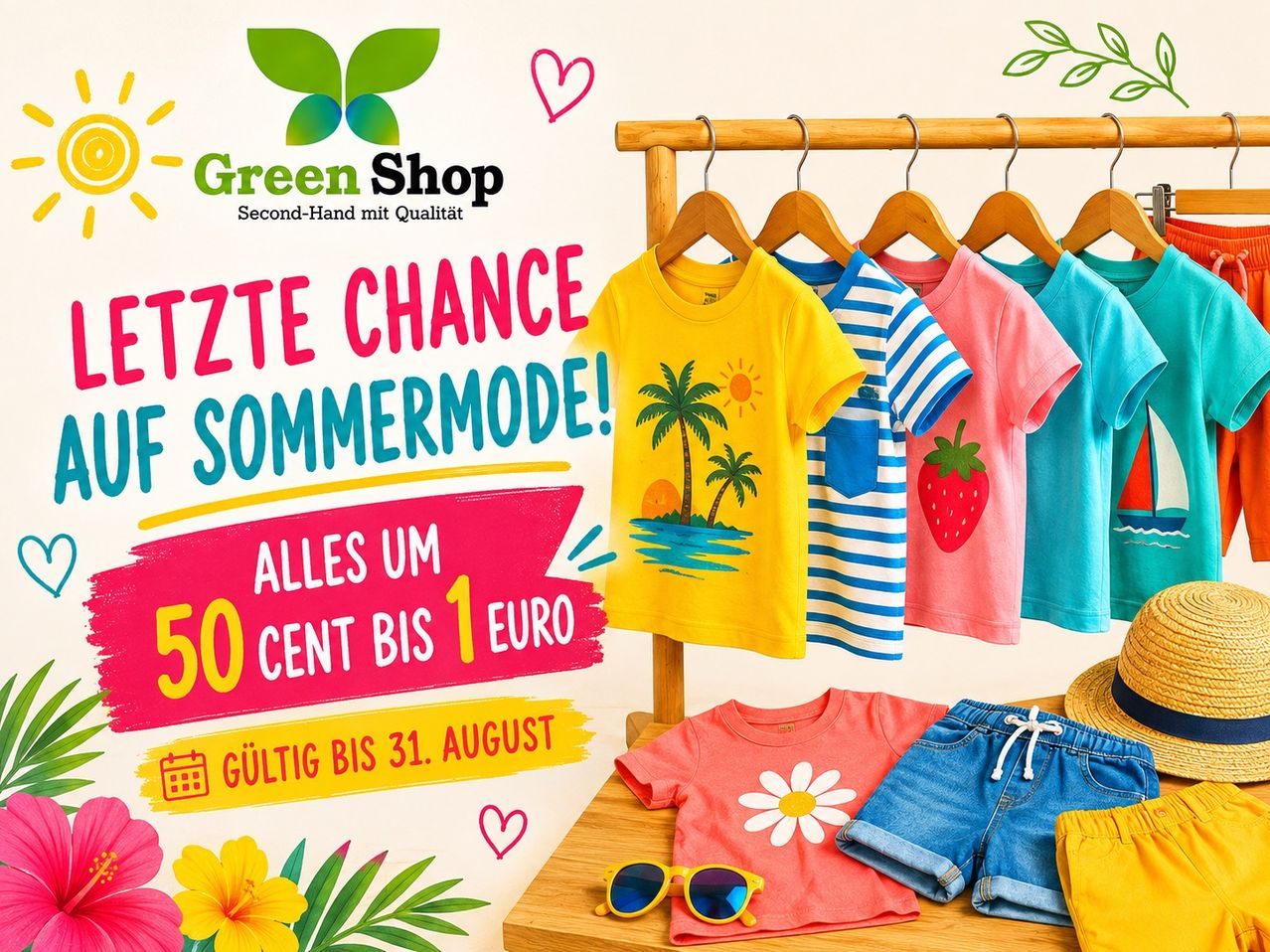 A Green Shop advertisement featuring a rack of colorful children's clothing with various prints, including a yellow shirt with a tropical design, a strawberry-printed shirt, and a blue and white striped shirt. Below, a table displays more clothing, including a red shirt with a flower design, denim shorts, and sunglasses. The ad highlights a sale with discounts up to 1 euro and is valid until August 31.