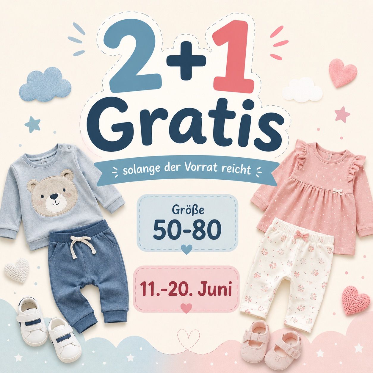 Advertisement for a baby clothing sale with a '2+1 gratis' offer, sizes 50-80, from June 11 to June 20, featuring baby clothes and shoes.