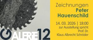 Ein Plakat für eine Kunstausstellung zeigt eine schwarz-weiße Zeichnung eines Kreissägeblatts. Der Plakattitel lautet 'Zeichnung Per Hauensc' und enthält das Datum 14.03.2026. Die Ausstellung ist mit Klaus Albrecht verbunden.