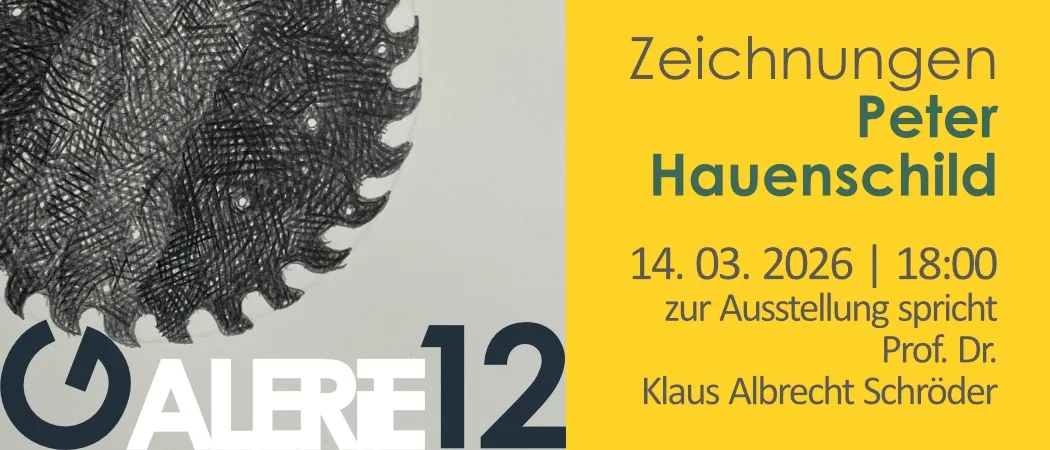 Ein Plakat für eine Kunstausstellung zeigt eine schwarz-weiße Zeichnung eines Kreissägeblatts. Der Plakattitel lautet 'Zeichnung Per Hauensc' und enthält das Datum 14.03.2026. Die Ausstellung ist mit Klaus Albrecht verbunden.