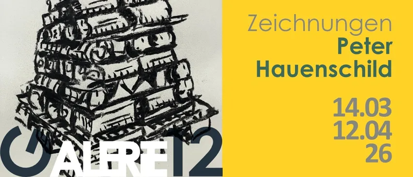 Eine Schwarz-Weiß-Zeichnung eines Gebäudes mit den Worten 'Zeichnung Pe Hauensc 14 12' in Blau geschrieben.
