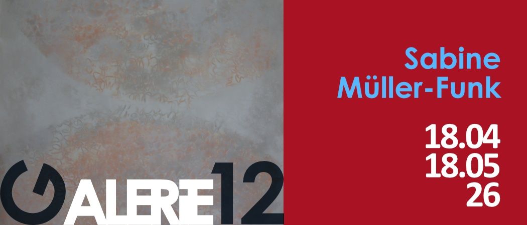 Ein Plakat für eine Veranstaltung mit dem Datum 18 18 und dem Namen Sab Müller-F. Es zeigt ein abstraktes Design in Rot und Weiß.