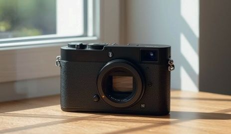 Eine schwarze Digitalkamera mit Objektiv steht auf einem Holztisch in der Nähe eines Fensters.