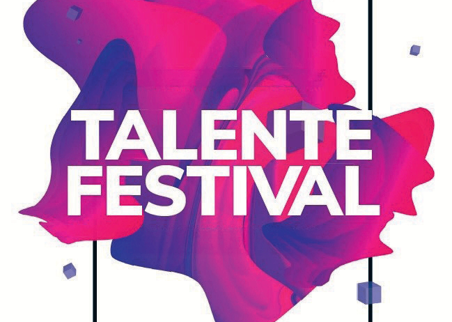 Ein lebendiges abstraktes Design mit den Worten 'Talente Festival' in fetter weißer Schrift. Das Design besteht aus einer Mischung von rosa und lila Farben mit geometrischen Formen. Der Hintergrund ist weiß.