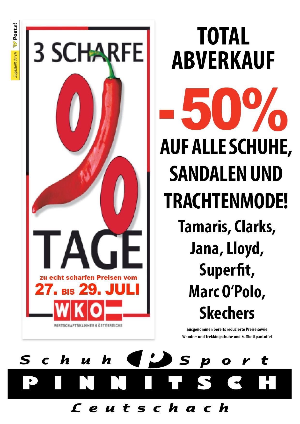 Ein Werbeplakat für eine Verkaufsaktion mit einem roten Chili-Pepper-Symbol und Text auf Deutsch. Der Verkauf bietet bis zu 50% Rabatt auf verschiedene Schuhmarken.