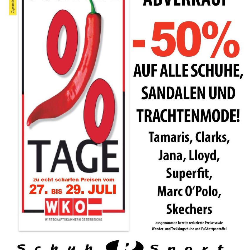 Werbeposter für eine Verkaufsaktion bei WKO mit einem roten Chili-Symbol, das bis zu 50% Rabatt auf verschiedene Schuhmarken vom 27. bis 29. Juli anbietet.