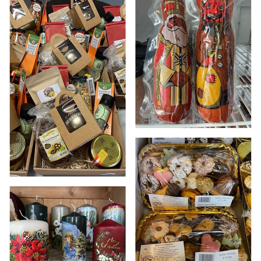 Eine Collage verschiedener Produkte, darunter verschiedene verpackte Artikel, ein Glas mit Brezeln, Weihnachtskerzen und eine Auswahl an Gebäck und Keksen, alles in einem Laden präsentiert.