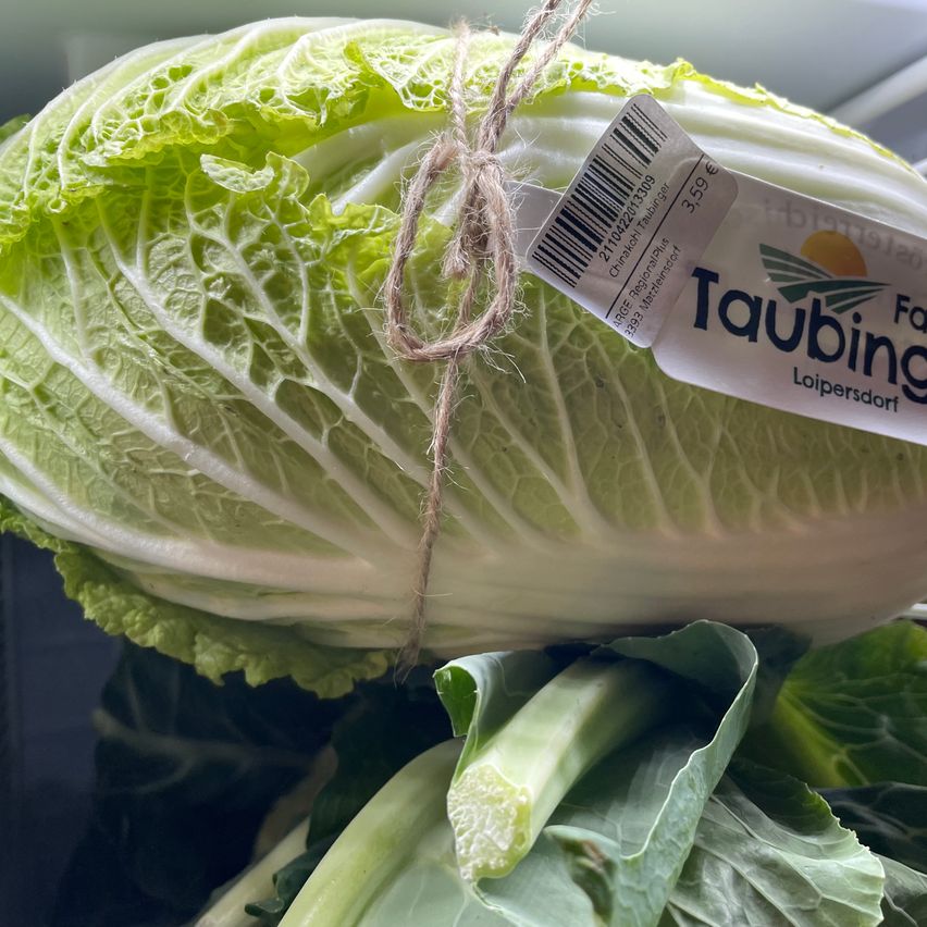 Ein Nahaufnahme eines ganzen, frischen, grünen Chinakohls mit einem weißen Preisschild, das 3,59 Euro anzeigt, befestigt mit einer braunen Schnur, vor einem unscharfen Hintergrund dargestellt.