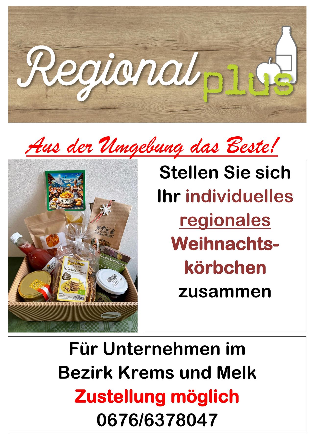 An advertisement for Regional Plus showcasing a Christmas basket with assorted products, accompanied by text inviting to create a personalized Christmas hamper.