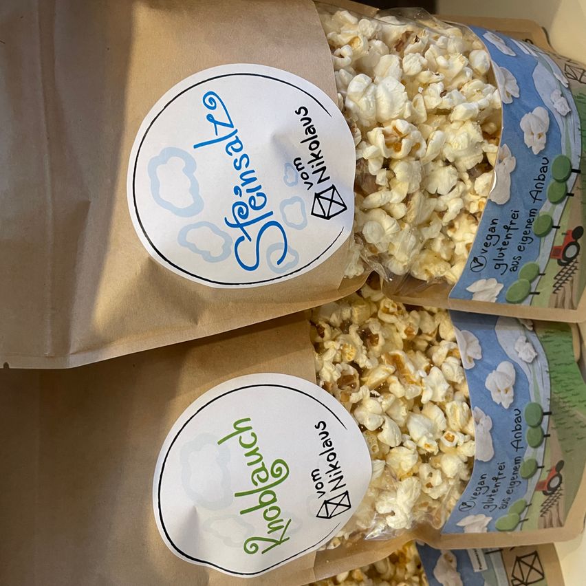Zwei Tüten Popcorn mit den Etiketten 'Steamsalz' und 'Knoblauch', verpackt in braunen Papiertüten. Das Popcorn darin ist golden und leicht geröstet.