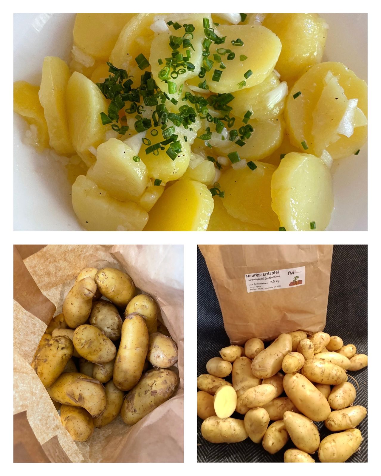 Three images: cooked potatoes with green onions on top, raw potatoes in a paper bag, and raw potatoes in a brown bag.