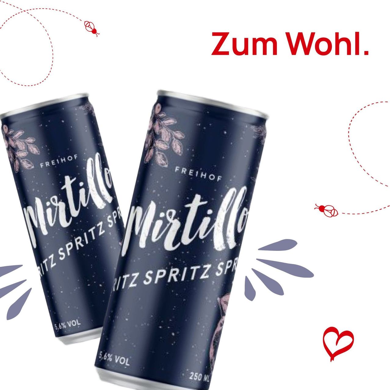 Zwei Dosen Freihof Mirtillo Spritz Bier sind vor weißem Hintergrund mit dekorativen Elementen dargestellt. Jede Dose hat ein dunkelblaues Design mit weißen Texten und einem Etikett, das 'Mirtillo Spritz' und '5,6% vol' anzeigt. Die Dosen stehen eng beieinander.