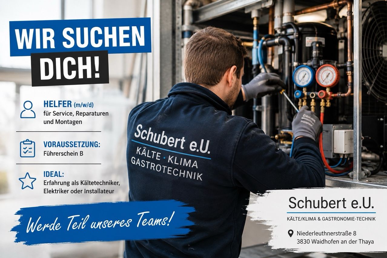 A man in a blue jacket with the text 'Schubert e.U.' is working on a machine with various gauges and pipes. The text 'SUCHEN' and 'CH!' is visible in the background.