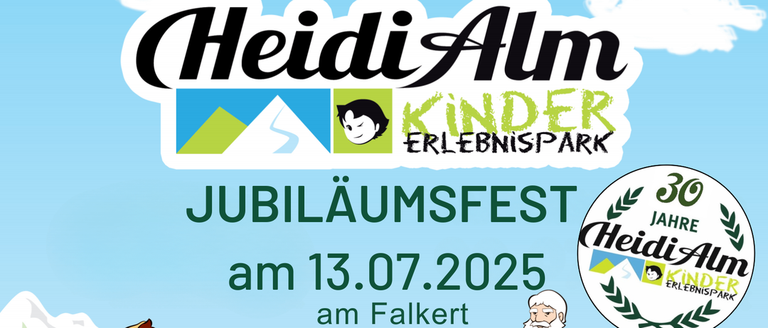 Jubiläumsfest am 13.07.2025 am Falkert. Heidi und Peter begrüßen Sie am Eingang um 10:30 Uhr. Die offizielle Eröffnung um 11 Uhr beinhaltet eine musikalische Zeremonie. Ponyreiten, kleines Tiergehege, Zaubershow und Alphornbläser ab 11:30 Uhr.