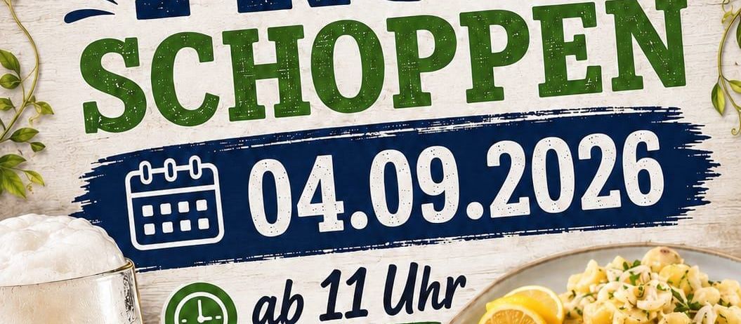 Ein Plakat für eine Veranstaltung am Herzog-Bernhard-Platz 12, 9100 Volkermarkt, Österreich am 04.09.2026. Es zeigt ein Glas Bier, einen Teller mit Essen und den Text 'Fruh Schoppen' mit Datum und Uhrzeit.