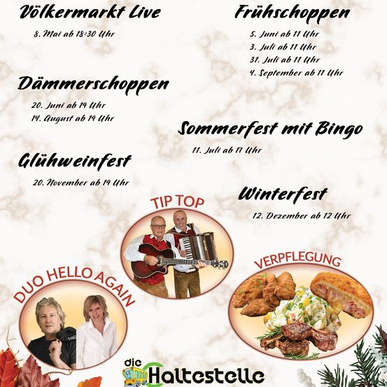 Plakat mit Zeitplan für Veranstaltungen. Die Veranstaltungen umfassen: Volkmarkt Live, Dämmerschoppen, Sommerfest mit Bingo, Glückweinfest, Frühschoppen und Winterfest. Jede Veranstaltung hat ein bestimmtes Datum und eine bestimmte Uhrzeit.