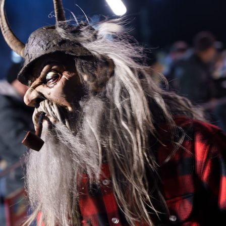 Eine Person mit langem grauem Haar und Bart, die ein rot-schwarz kariertes Hemd und einen gehörnten Helm trägt.