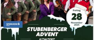 Plakat für ein Stubenberger Advent-Konzert am 28. November 2025 mit einer Band, die Gitarren und Akkordeons spielt. Die Veranstaltung beinhaltet Abendessen und Live-Musik, Beginn um 19:00 Uhr.
