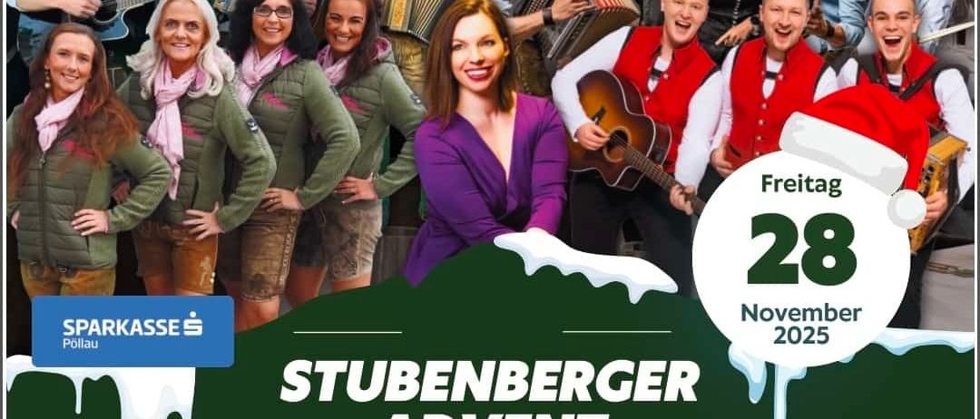 Werbeplakat für ein Konzert im Kirchen Wirt Hotel am 28. November 2025. Zeigt eine Gruppe von Musikern und eine Frau in der Mitte, mit Veranstaltungsdetails und Preisen aufgelistet.