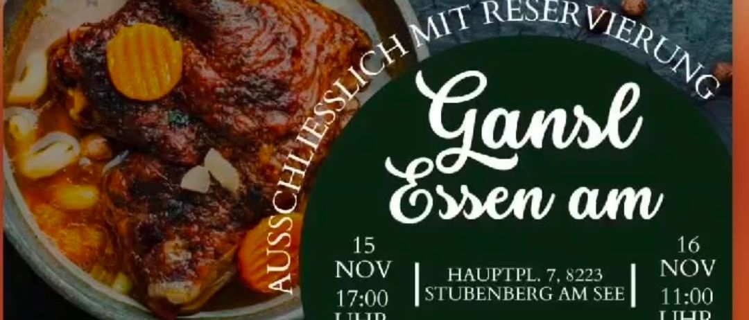 Werbeplakat für ein Essensevent mit einem gebratenen Entengericht, einschließlich Datum, Uhrzeit und Ort. Das Plakat beinhaltet einen Rabatt für Hotelgäste.