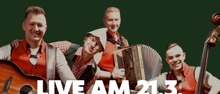 Ein Werbeplakat für ein Live-Musik-Event namens 'Das Experiment' von Ligist 3+1. Vier Männer in traditioneller Kleidung spielen Instrumente. Die Veranstaltung findet am 21. März ab 16 Uhr statt. Tickets kosten 22 Euro pro Stück.