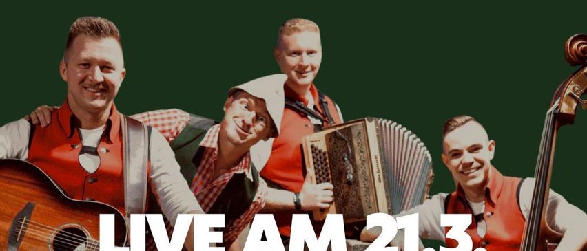 Ein Werbeplakat für ein Live-Musik-Event namens 'Das Experiment' von Ligist 3+1. Vier Männer in traditioneller Kleidung spielen Instrumente. Die Veranstaltung findet am 21. März ab 16 Uhr statt. Tickets kosten 22 Euro pro Stück.