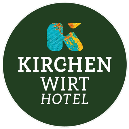 Das grüne Logo für das Kirchen Wirt Hotel zeigt einen stilisierten Buchstaben K in Blau und Gelb über dem Text.