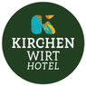 The green logo for Kirchen Wirt Hotel features a stylized letter K in blue and yellow above the text.