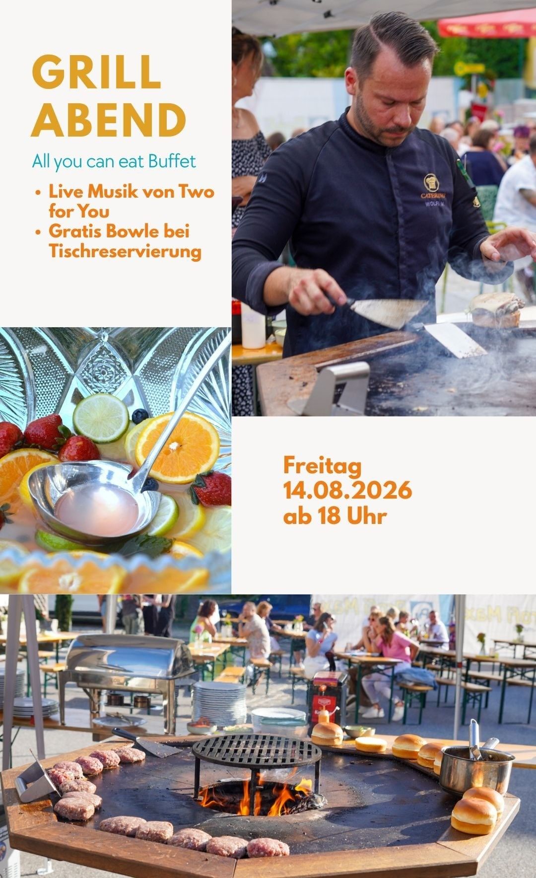 Ein Outdoor-Event mit Live-Musik, einem Koch, der auf einem Grill kocht, und einer Schüssel mit Obst. Das Datum ist Freitag, 14. August 2026, ab 18 Uhr.