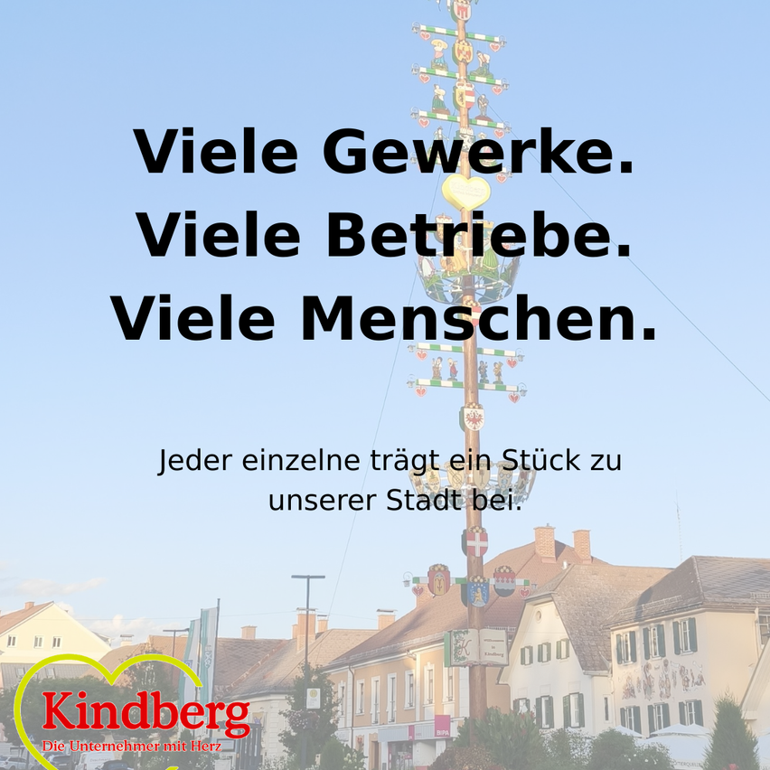 A poster with a decorative pole and text in German, showcasing a town with buildings and a clear sky. The text translates to 'Many crafts. Many businesses. Many people. Each one contributes a piece to our city.'