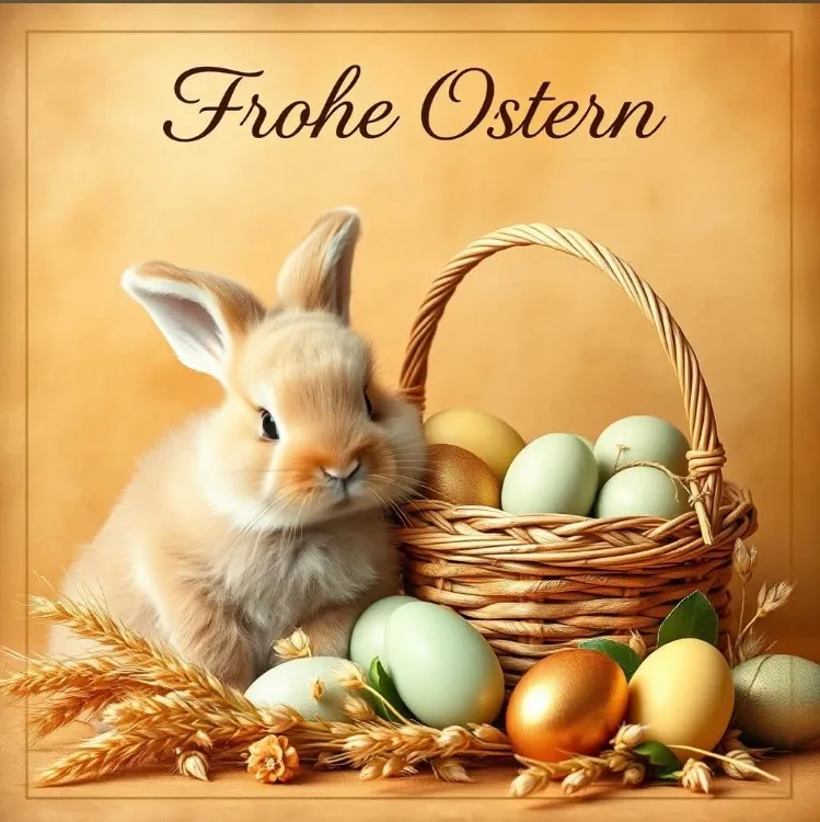 Ein brauner Hase sitzt neben einem Korb mit bunten Ostereiern. Das Bild hat einen warmen, goldenen Hintergrund und die Worte 'Frohe Ostern' erscheinen oben.